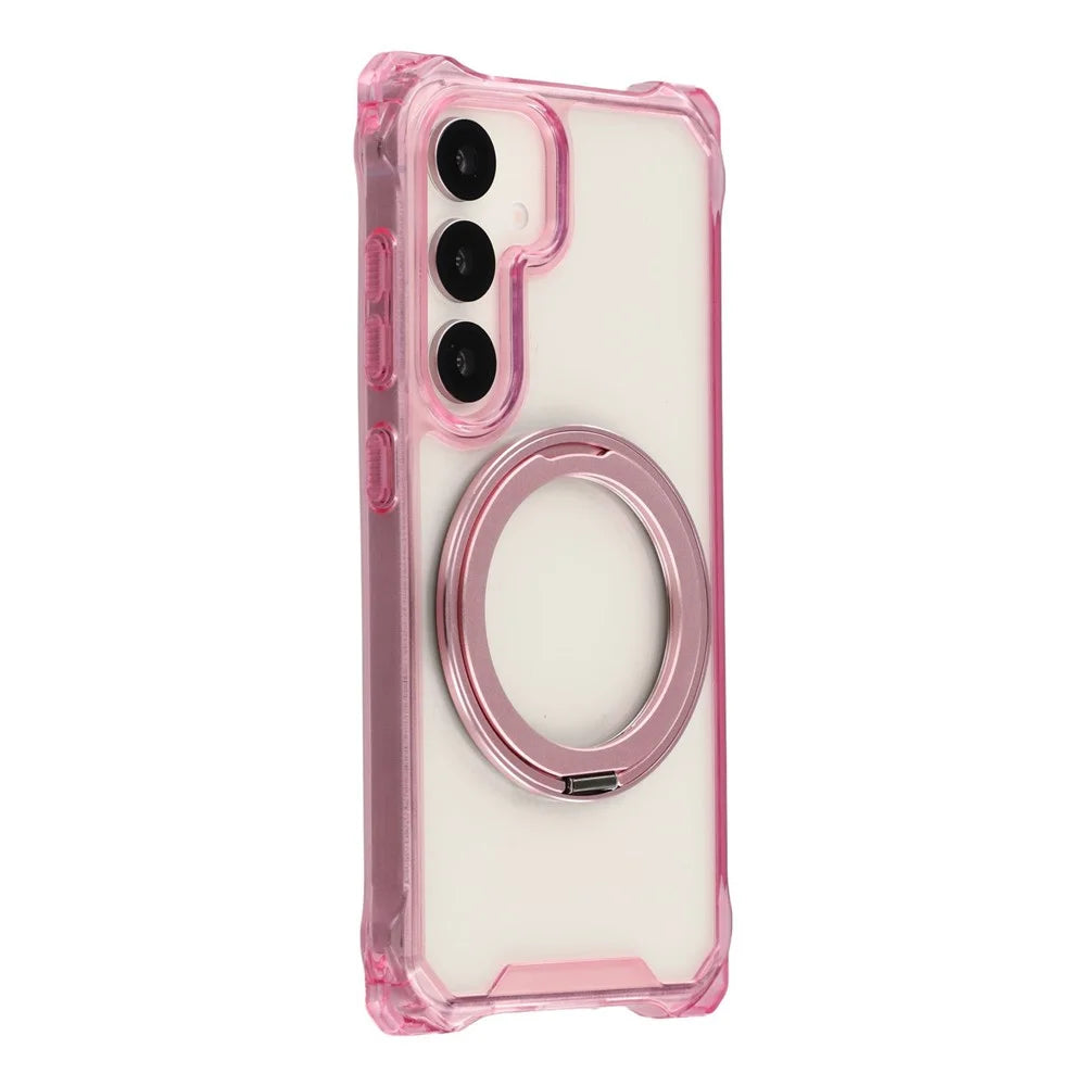 For Samsung Galaxy S25  /  S24 Magnetic Case Ring Kickstand TPU + PC Phone Cover with Lanyard - Pink - 3