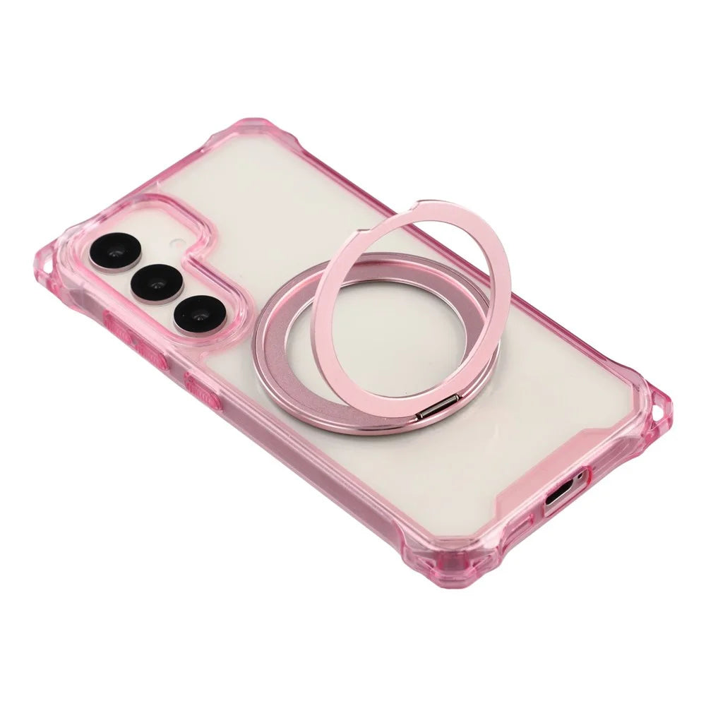 For Samsung Galaxy S25  /  S24 Magnetic Case Ring Kickstand TPU + PC Phone Cover with Lanyard - Pink - 6