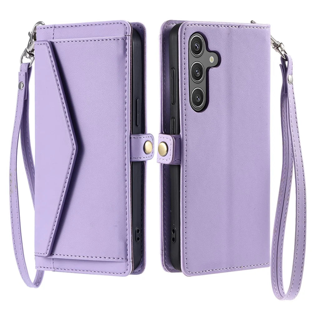 For Samsung Galaxy S25 FE Leather Case with Wrist Strap Wallet Stand Phone Cover - Purple - 1