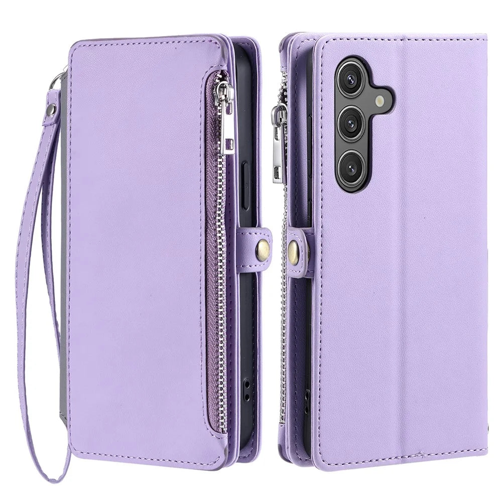 For Samsung Galaxy S25 FE Case TPU + PU Leather Wallet Phone Cover with Wrist Strap - Purple - 1