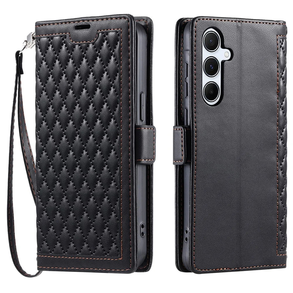 For Samsung Galaxy S25 FE Leather Case Rhombus Texture Wallet Stand Phone Cover with Wrist Strap - Black - 1