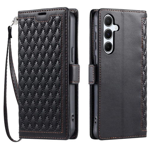 For Samsung Galaxy S25 FE Leather Case Rhombus Texture Wallet Stand Phone Cover with Wrist Strap - Black - 1