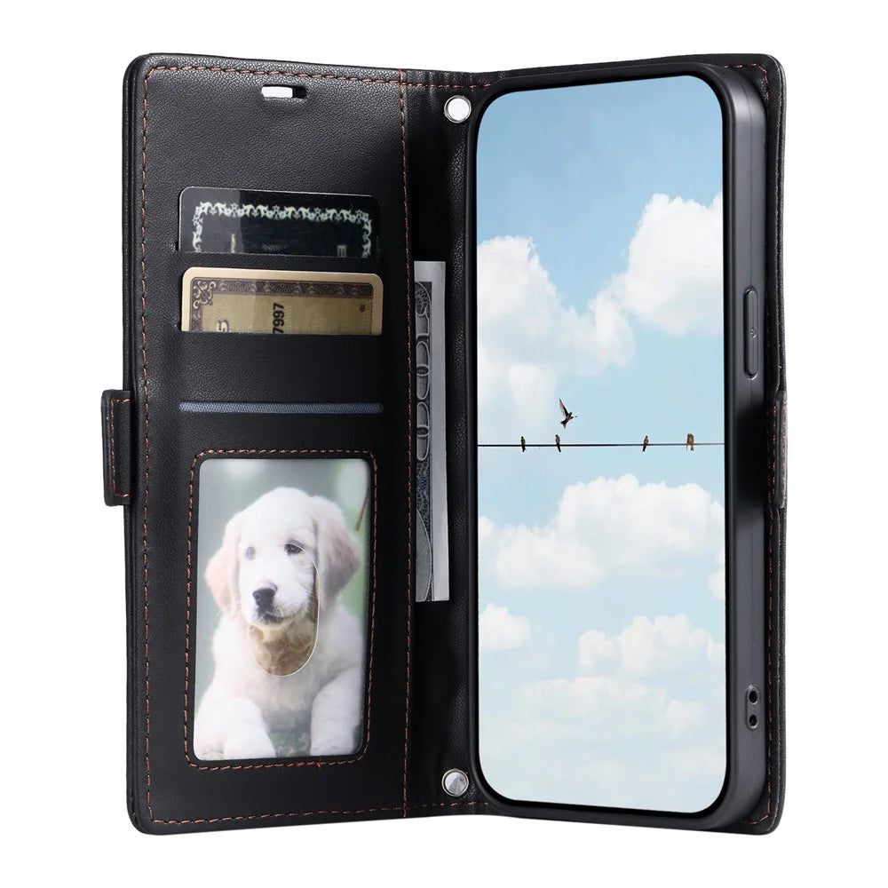 For Samsung Galaxy S25 FE Leather Case Rhombus Texture Wallet Stand Phone Cover with Wrist Strap - Black - 2