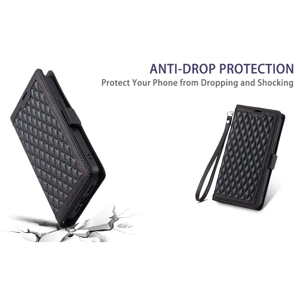 For Samsung Galaxy S25 FE Leather Case Rhombus Texture Wallet Stand Phone Cover with Wrist Strap - Black - 7