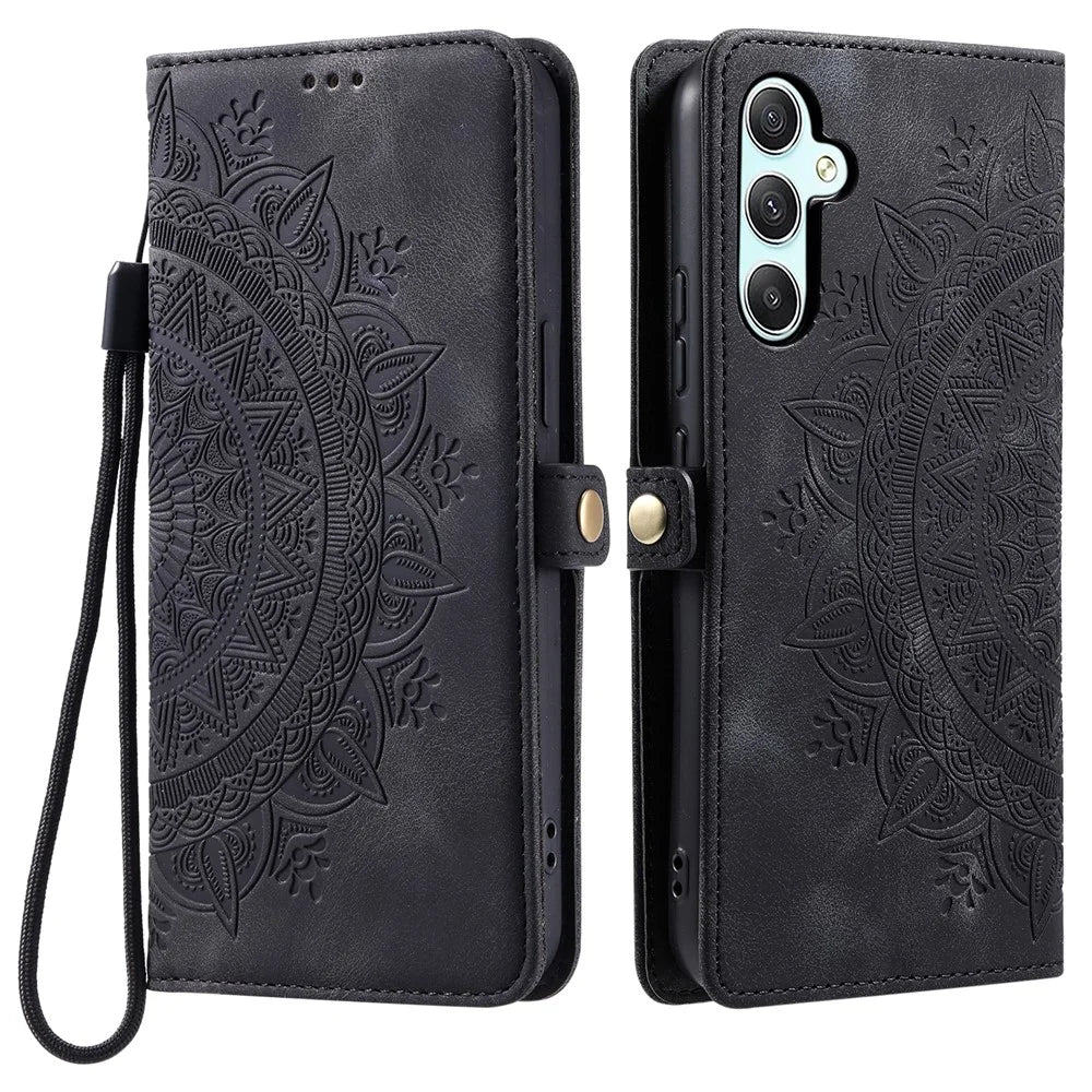 For Samsung Galaxy S25 FE Case Skin Feel Totem Imprinted Wallet Leather Phone Cover with Hand Strap - Black - 1