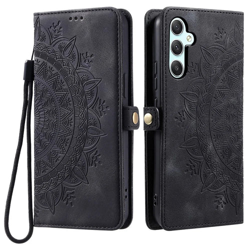 For Samsung Galaxy S25 FE Case Skin Feel Totem Imprinted Wallet Leather Phone Cover with Hand Strap - Black - 1