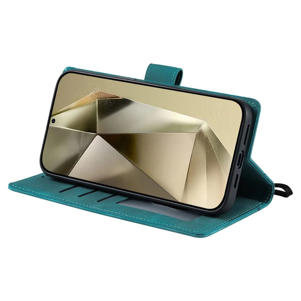 For Samsung Galaxy S25 FE Case Imprinted Totem Skin Feel Wallet Leather Phone Cover with Hand Strap - Mint Green - 3