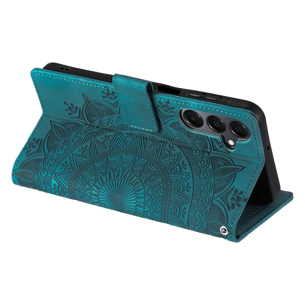 For Samsung Galaxy S25 FE Case Imprinted Totem Skin Feel Wallet Leather Phone Cover with Hand Strap - Mint Green - 4