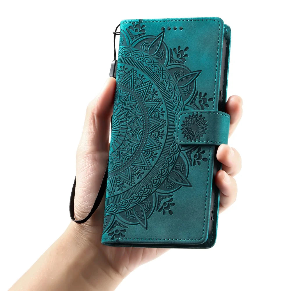 For Samsung Galaxy S25 FE Case Imprinted Totem Skin Feel Wallet Leather Phone Cover with Hand Strap - Mint Green - 5