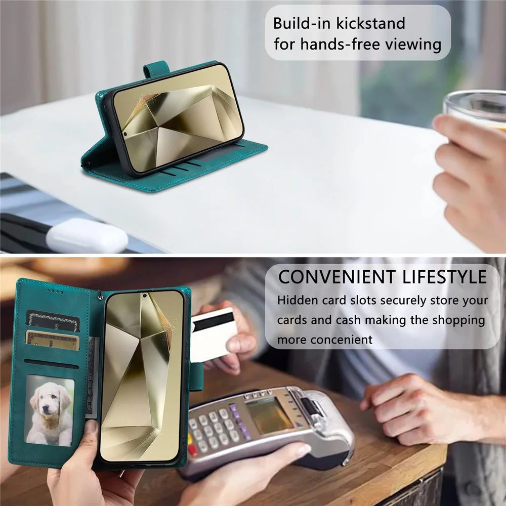For Samsung Galaxy S25 FE Case Imprinted Totem Skin Feel Wallet Leather Phone Cover with Hand Strap - Mint Green - 7