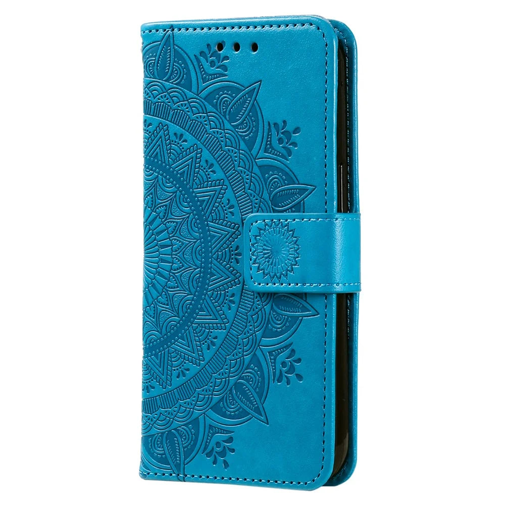 For Samsung Galaxy S25 FE Stand Case Imprinted Totem PU Leather Wallet Phone Cover with Wrist Strap - Blue - 5