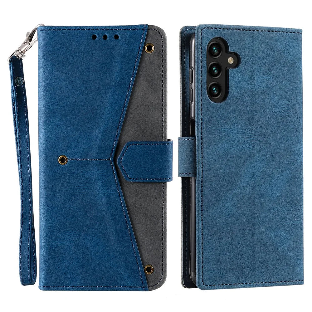For Samsung Galaxy S25 FE Leather Case Splicing Stitching Wallet Phone Cover with Wrist Strap - Blue - 1