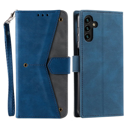 For Samsung Galaxy S25 FE Leather Case Splicing Stitching Wallet Phone Cover with Wrist Strap - Blue - 1