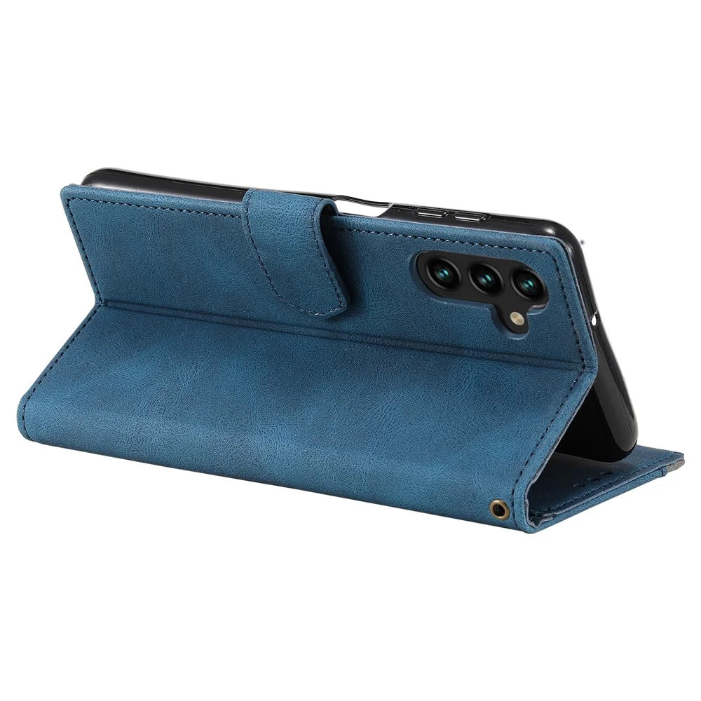For Samsung Galaxy S25 FE Leather Case Splicing Stitching Wallet Phone Cover with Wrist Strap - Blue - 3