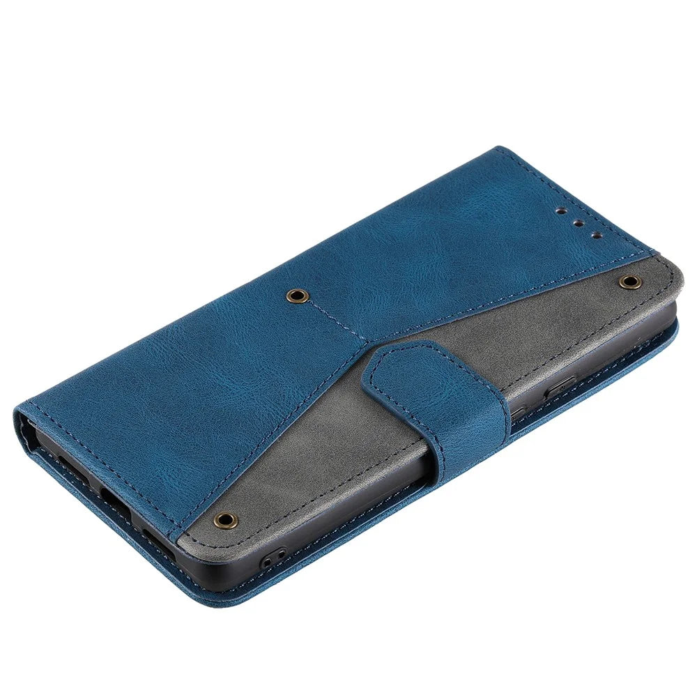 For Samsung Galaxy S25 FE Leather Case Splicing Stitching Wallet Phone Cover with Wrist Strap - Blue - 4