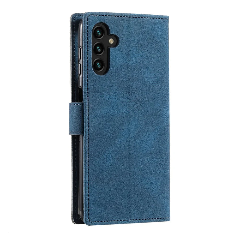 For Samsung Galaxy S25 FE Leather Case Splicing Stitching Wallet Phone Cover with Wrist Strap - Blue - 6