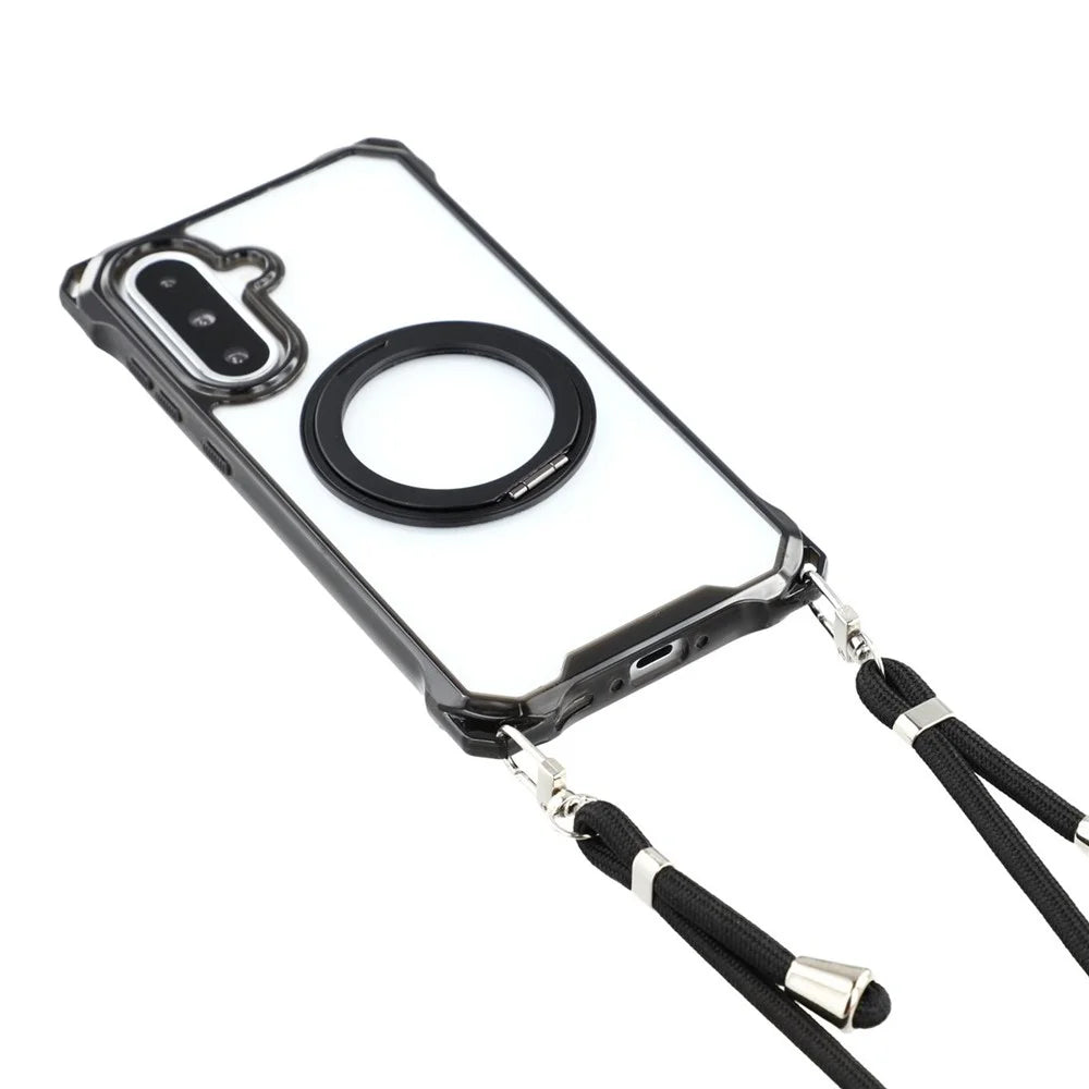 For Samsung Galaxy A56 5G  /  A36 5G Magnetic Case Ring Kickstand TPU + PC Phone Cover with Lanyard - Black - 2