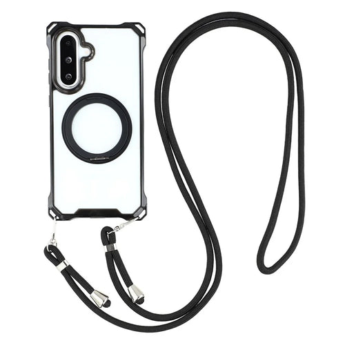 For Samsung Galaxy A26 5G Magnetic Case Ring Kickstand TPU + PC Phone Cover with Lanyard - Black - 1