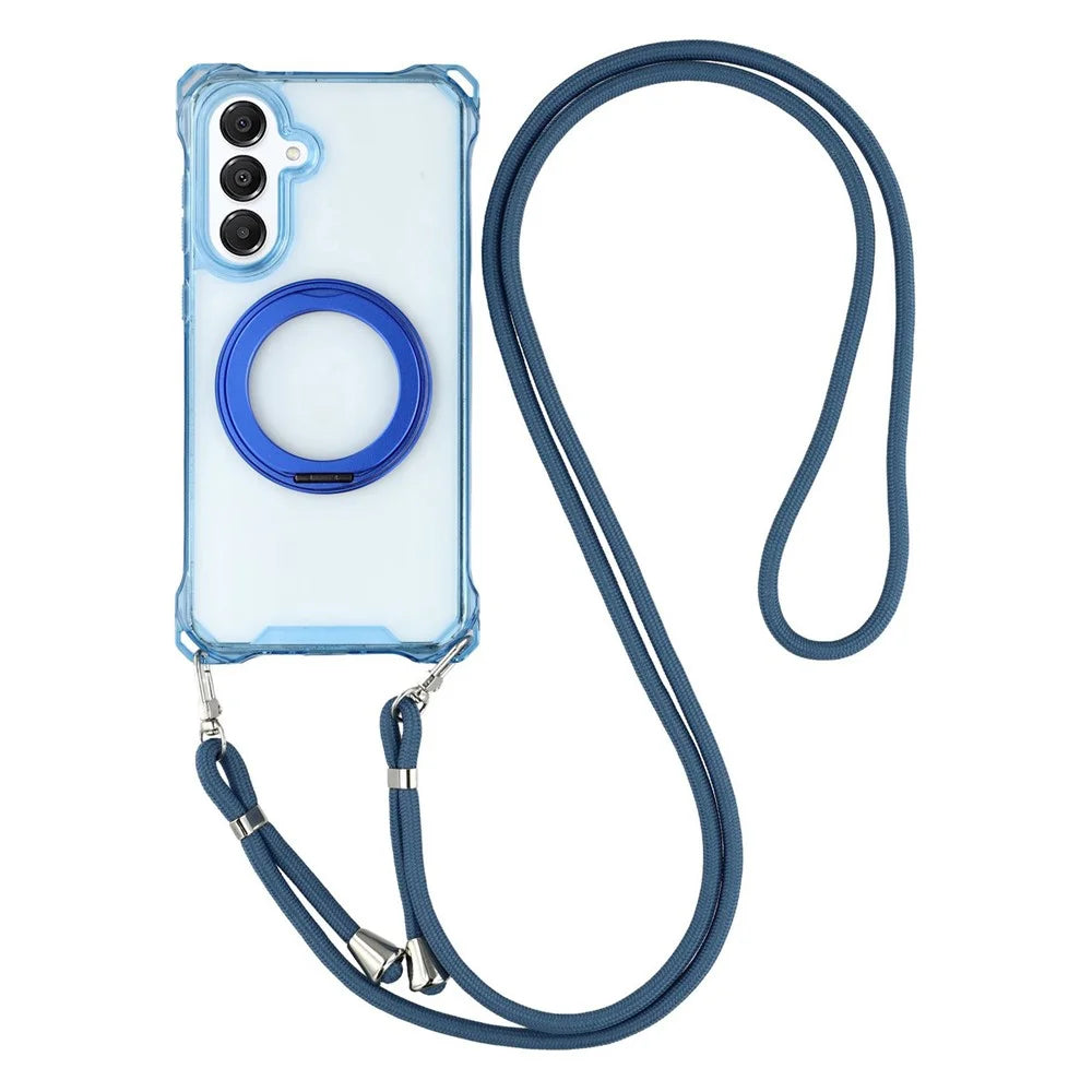 For Samsung Galaxy A55 5G Magnetic Case Ring Kickstand TPU + PC Phone Cover with Lanyard - Blue - 1