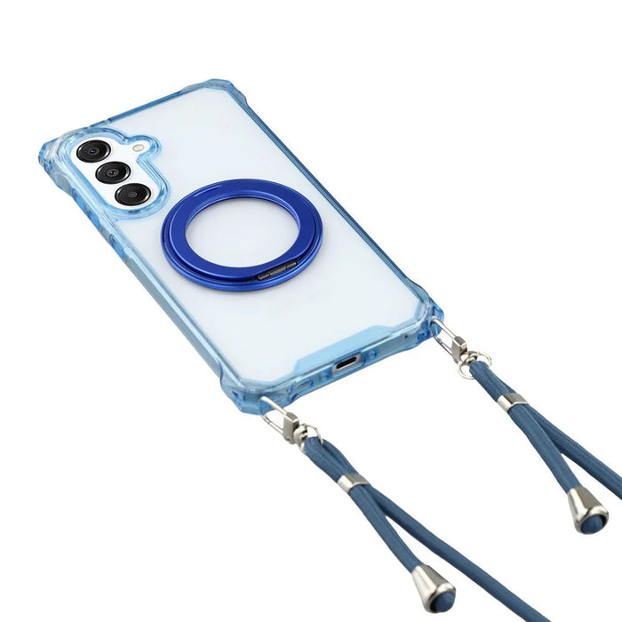 For Samsung Galaxy A55 5G Magnetic Case Ring Kickstand TPU + PC Phone Cover with Lanyard - Blue - 2