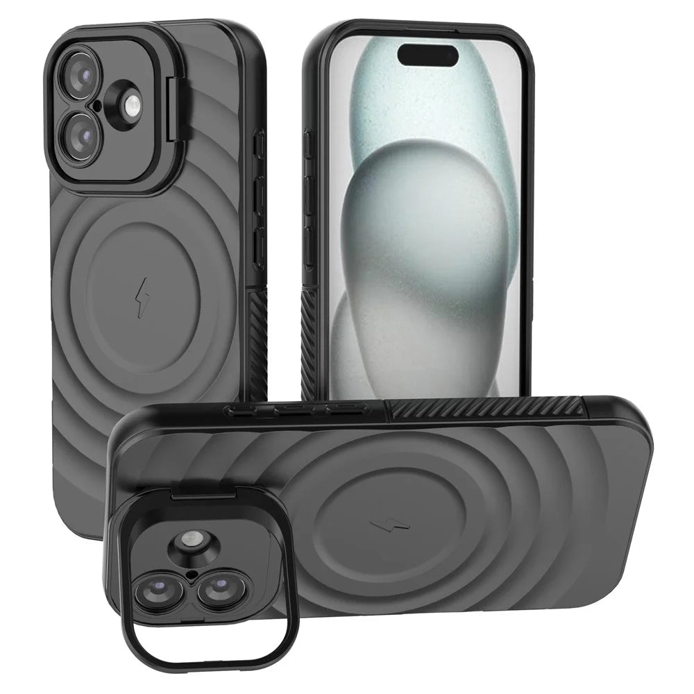 For iPhone 17 Case Compatible with MagSafe PC Kickstand Ripple Texture TPU Phone Cover - Black - 1