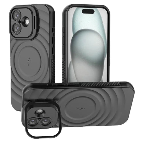 For iPhone 17 Case Compatible with MagSafe PC Kickstand Ripple Texture TPU Phone Cover - Black - 1