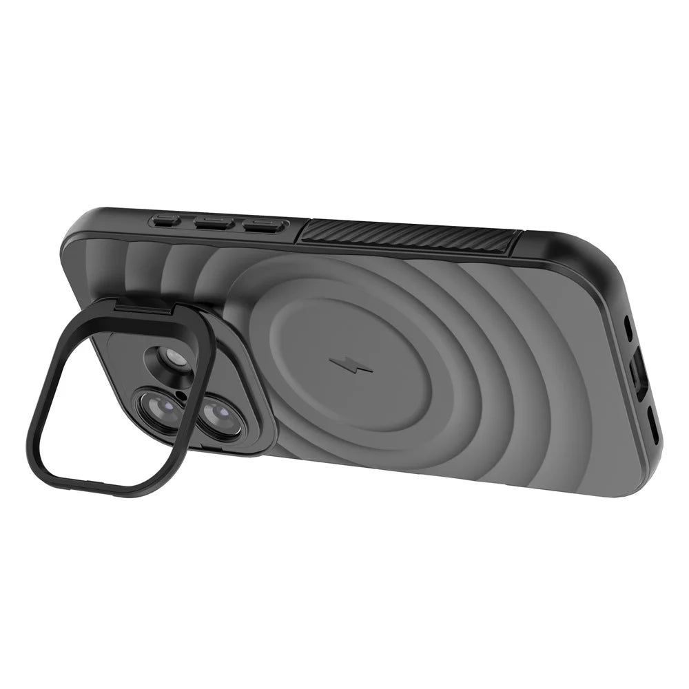 For iPhone 17 Case Compatible with MagSafe PC Kickstand Ripple Texture TPU Phone Cover - Black - 3