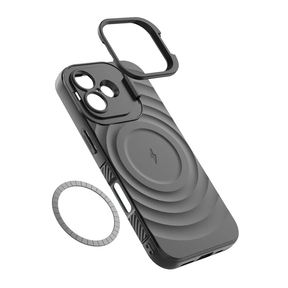 For iPhone 17 Case Compatible with MagSafe PC Kickstand Ripple Texture TPU Phone Cover - Black - 4