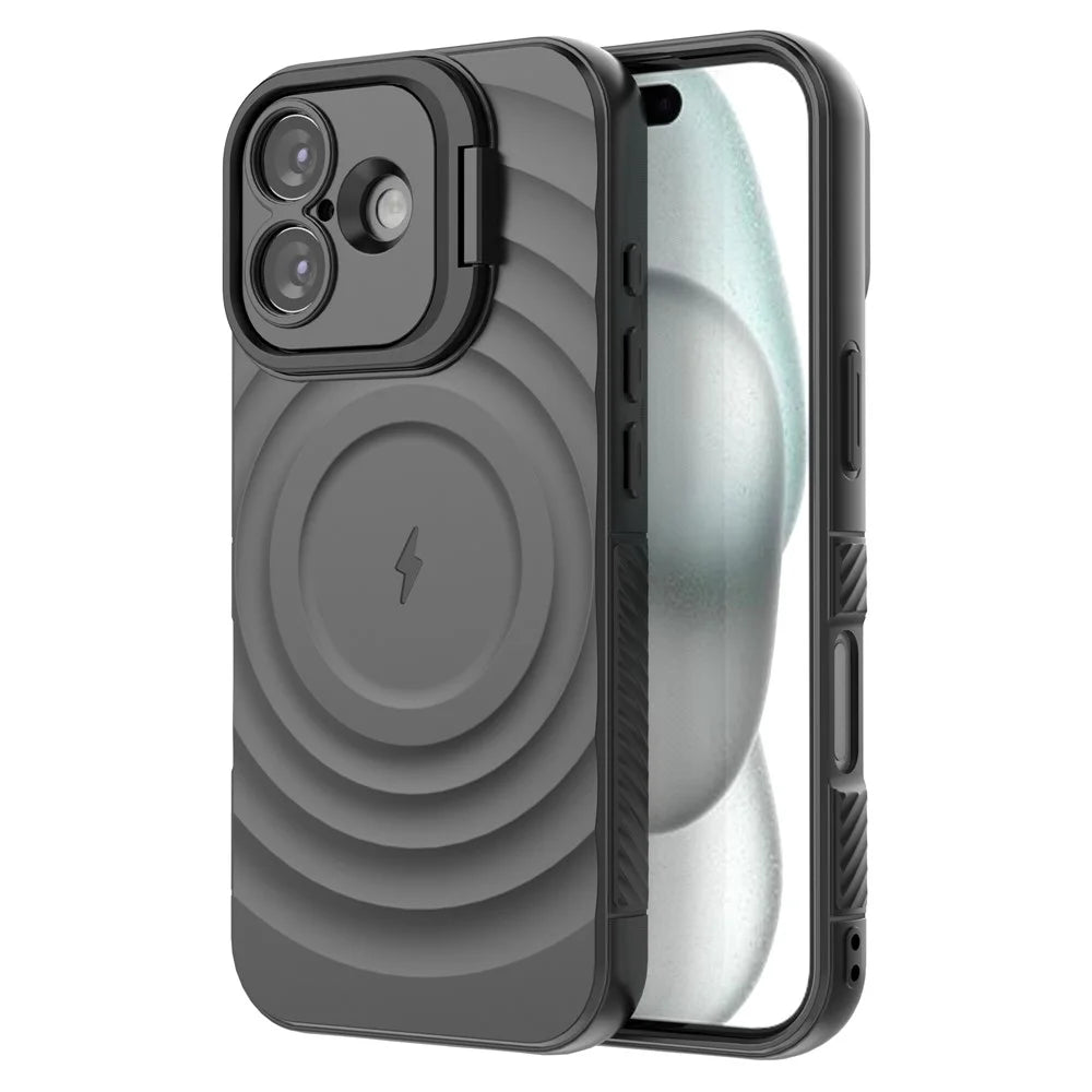 For iPhone 17 Case Compatible with MagSafe PC Kickstand Ripple Texture TPU Phone Cover - Black - 6