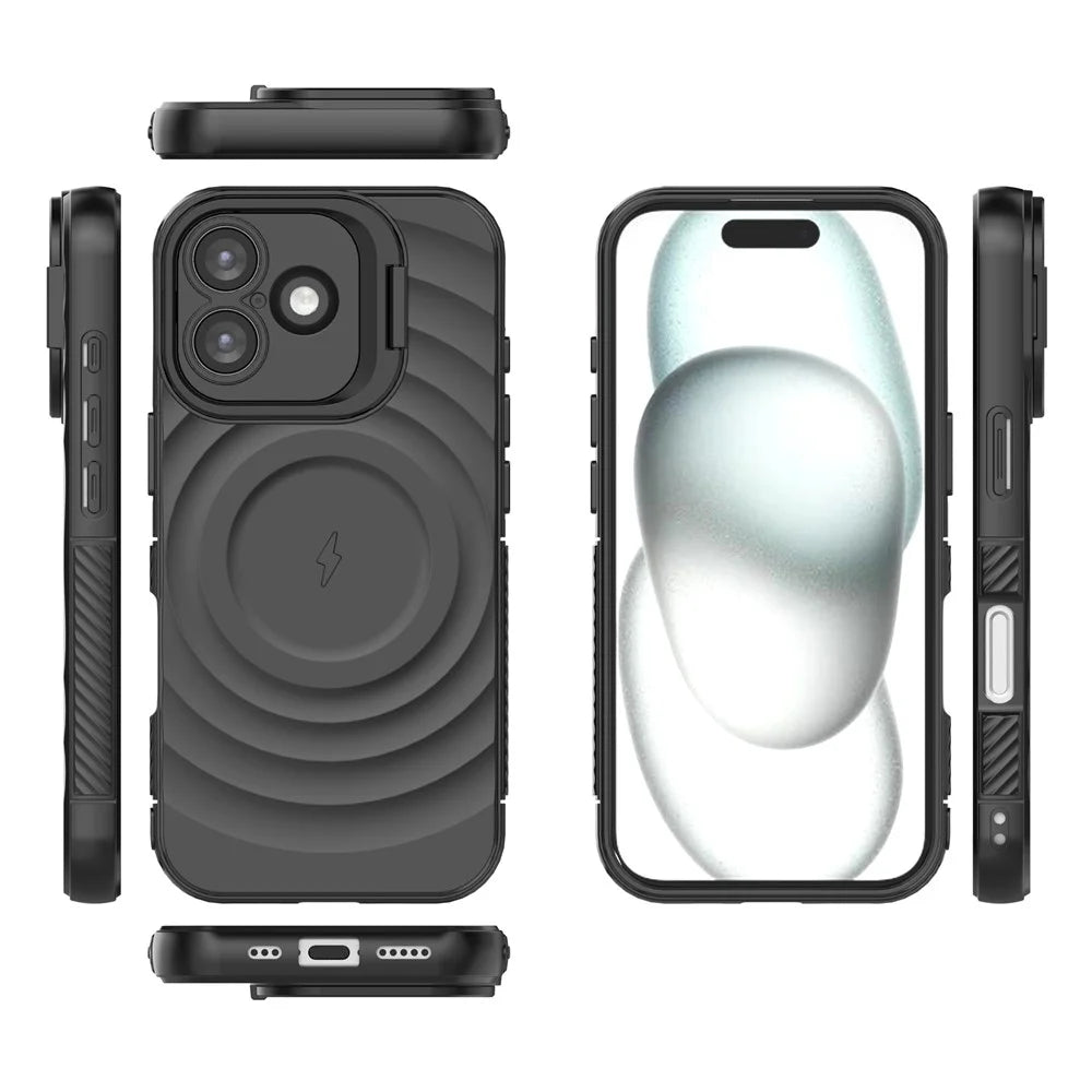 For iPhone 17 Case Compatible with MagSafe PC Kickstand Ripple Texture TPU Phone Cover - Black - 7