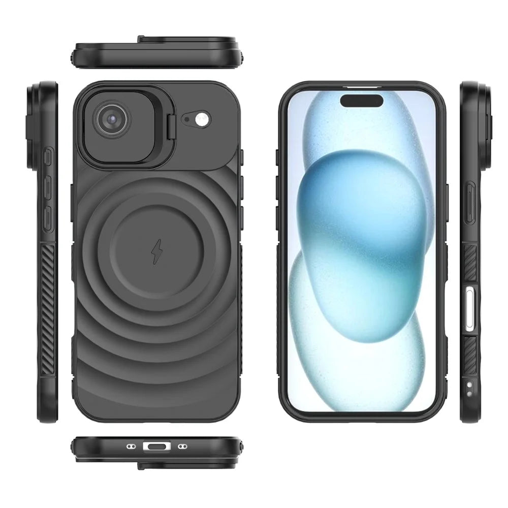 For iPhone Air Case Compatible with MagSafe PC Kickstand Ripple Texture TPU Phone Cover - Black - 6