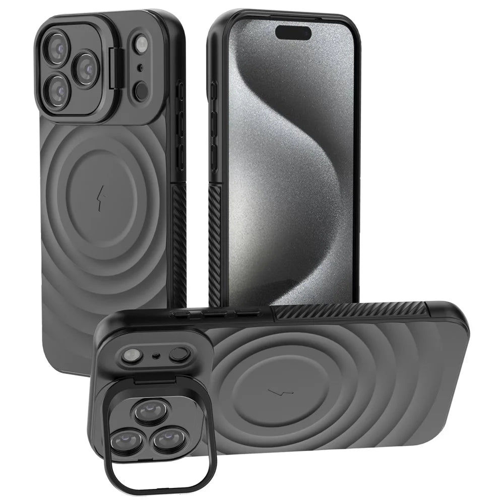 For iPhone 18 Pro / 17 Pro Case Compatible with MagSafe PC Kickstand Ripple Texture TPU Phone Cover - Black - 1