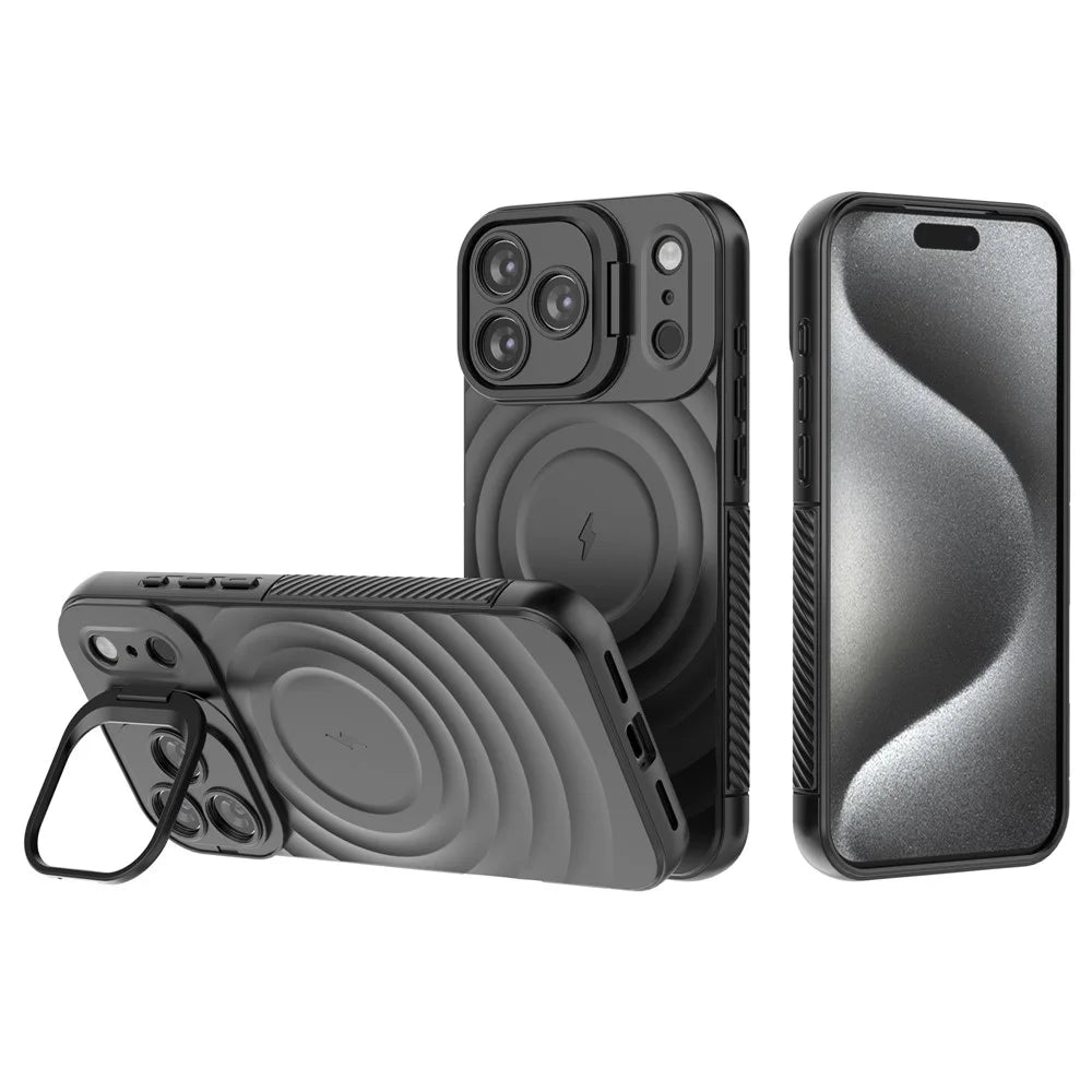 For iPhone 18 Pro Max / 17 Pro Max Case Compatible with MagSafe PC Kickstand Ripple Texture TPU Phone Cover - Black - 2
