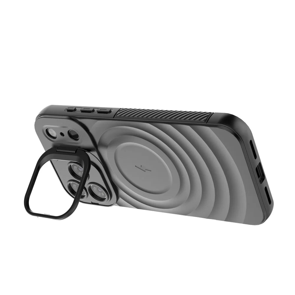 For iPhone 18 Pro Max / 17 Pro Max Case Compatible with MagSafe PC Kickstand Ripple Texture TPU Phone Cover - Black - 3