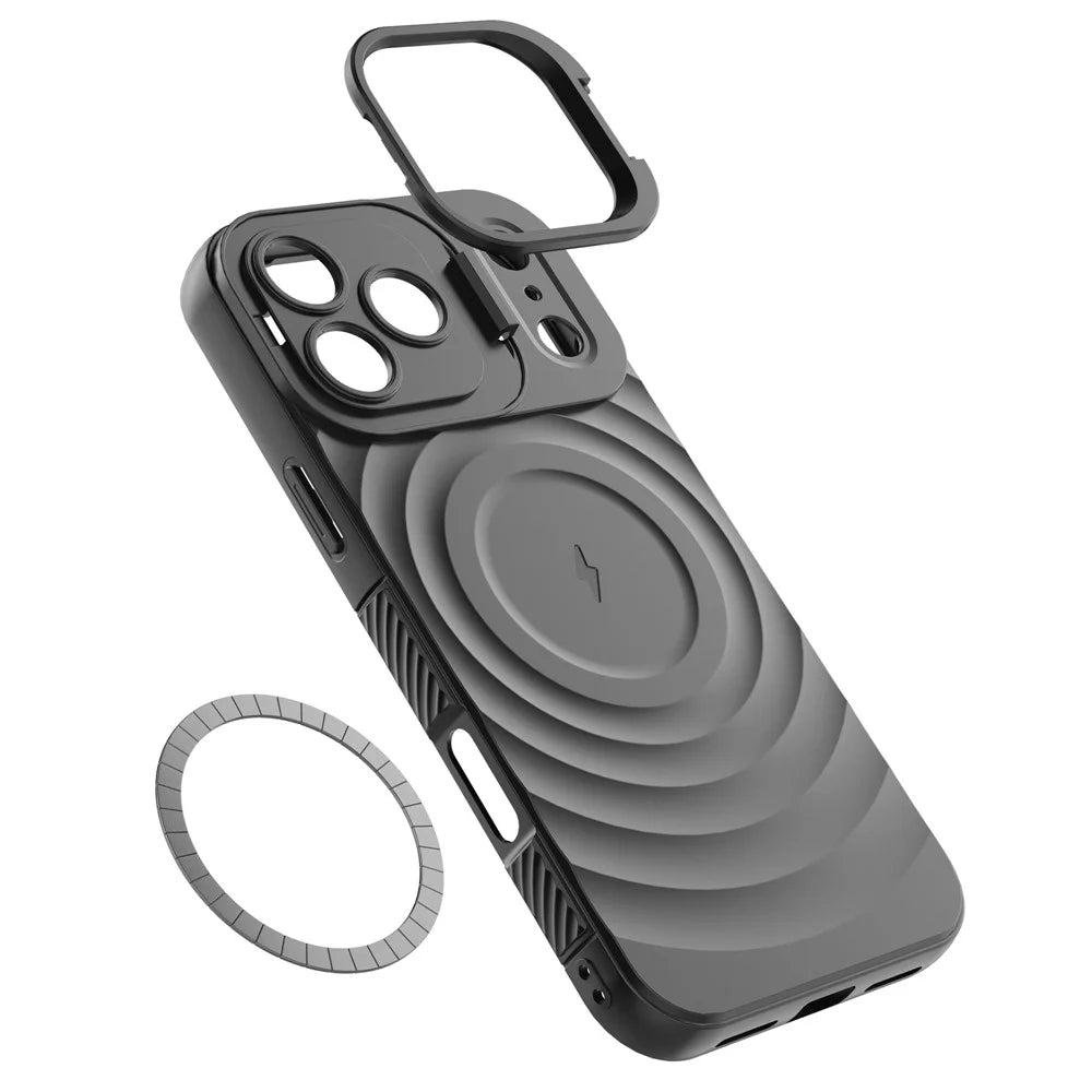 For iPhone 18 Pro Max / 17 Pro Max Case Compatible with MagSafe PC Kickstand Ripple Texture TPU Phone Cover - Black - 6
