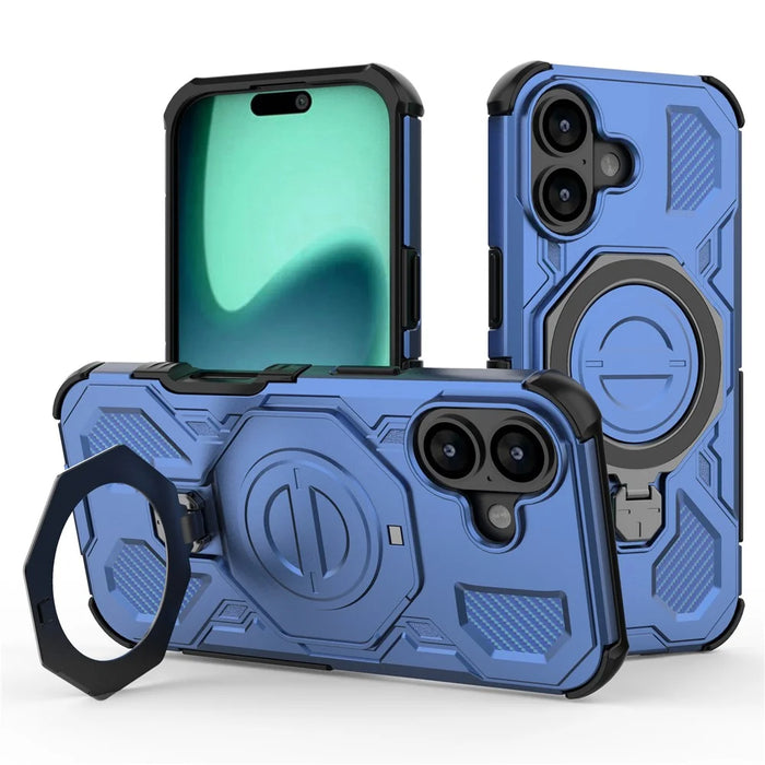 For iPhone 17 Magnetic Case Rotating Metal Kickstand Shockproof PC + TPU Phone Back Cover - Dark Blue - 1