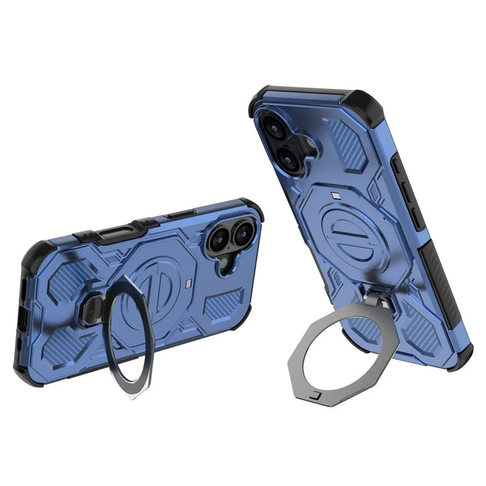 For iPhone 17 Magnetic Case Rotating Metal Kickstand Shockproof PC + TPU Phone Back Cover - Dark Blue - 2