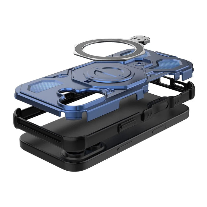For iPhone 17 Magnetic Case Rotating Metal Kickstand Shockproof PC + TPU Phone Back Cover - Dark Blue - 3