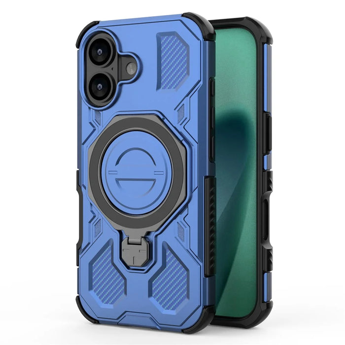 For iPhone 17 Magnetic Case Rotating Metal Kickstand Shockproof PC + TPU Phone Back Cover - Dark Blue - 6