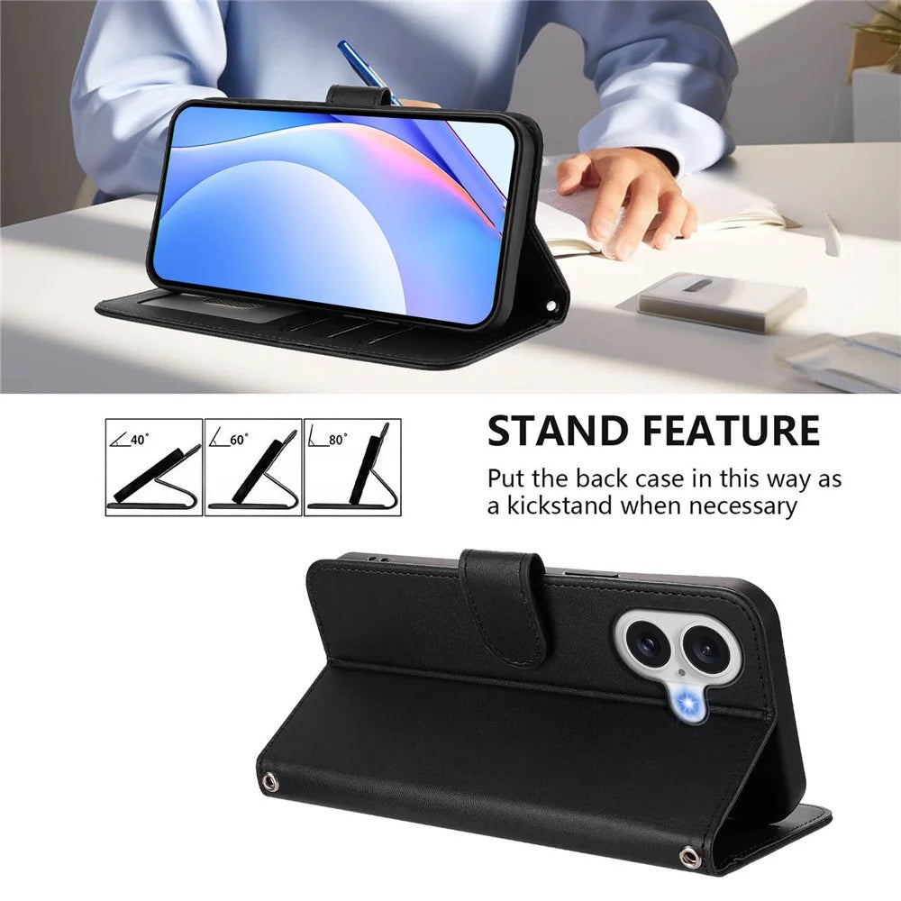 For iPhone 17 Case Panda Imprint RFID Blocking Wallet Leather Phone Cover with Wrist Strap - Black - 5