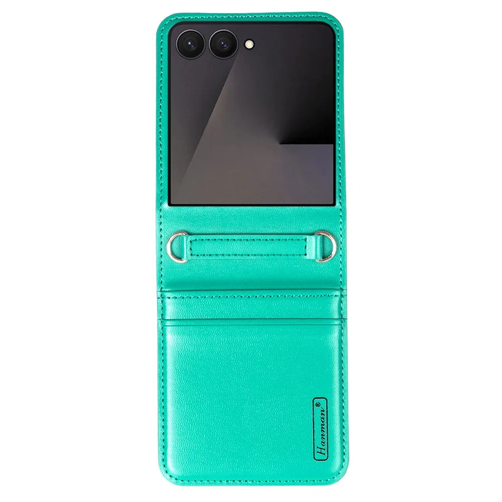 HANMAN Mill Series for Samsung	Galaxy Z Flip7 5G Case Card Slots PU Leather Phone Cover - Cyan - 1