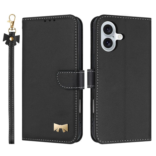 For iPhone 17 Case Bowknot Decor Wallet Leather Phone Cover with Wrist Strap - Black - 1