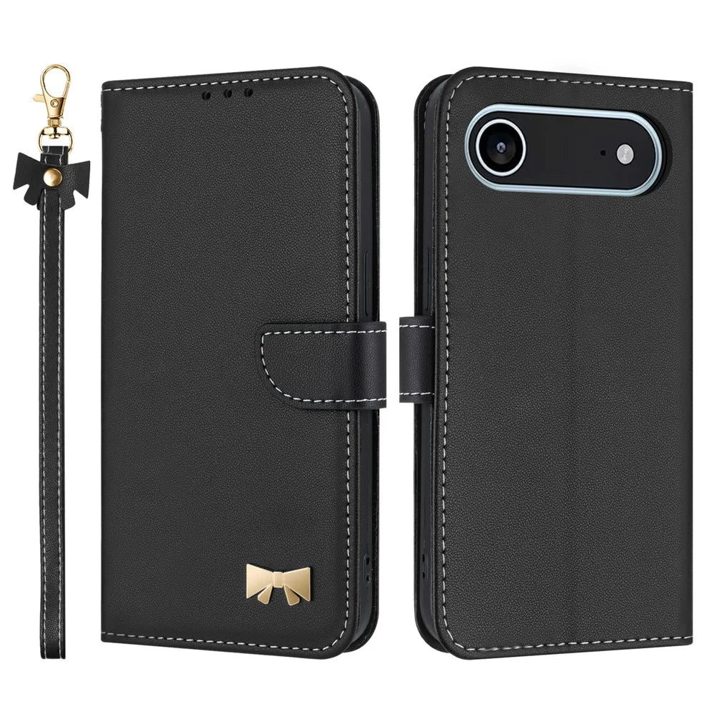 For iPhone Air Case Bowknot Decor Wallet Leather Phone Cover with Wrist Strap - Black - 1
