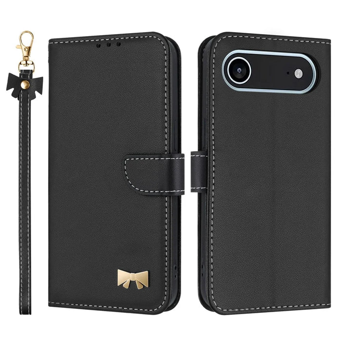 For iPhone Air Case Bowknot Decor Wallet Leather Phone Cover with Wrist Strap - Black - 1