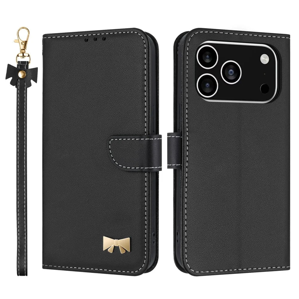 For iPhone 17 Pro Case Bowknot Decor Wallet Leather Phone Cover with Wrist Strap - Black - 1