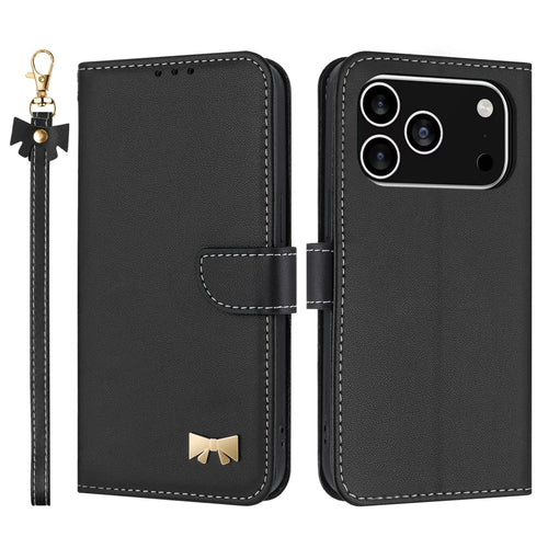 For iPhone 17 Pro Case Bowknot Decor Wallet Leather Phone Cover with Wrist Strap - Black - 1