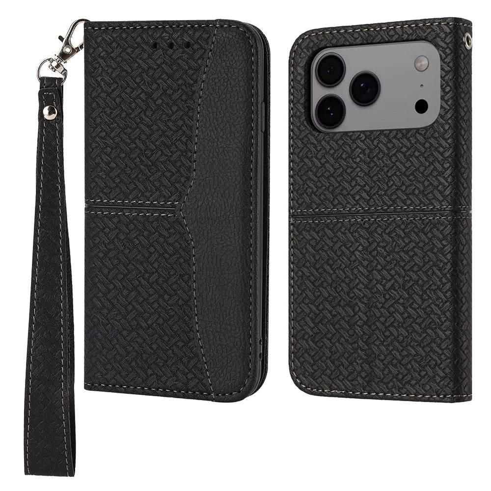 For iPhone 17 Pro Max Case Woven Texture PU Leather Wallet Phone Cover with Wrist Strap - Black - 1