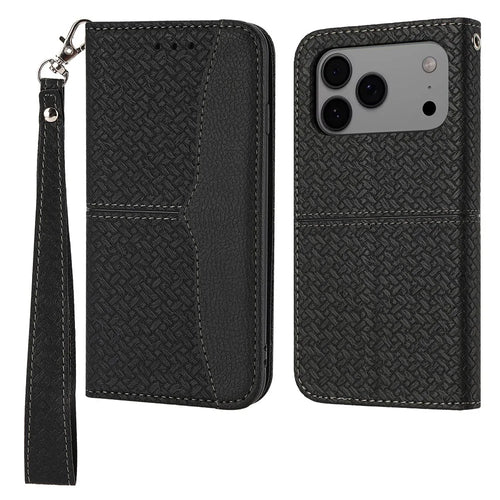 For iPhone 17 Pro Max Case Woven Texture PU Leather Wallet Phone Cover with Wrist Strap - Black - 1