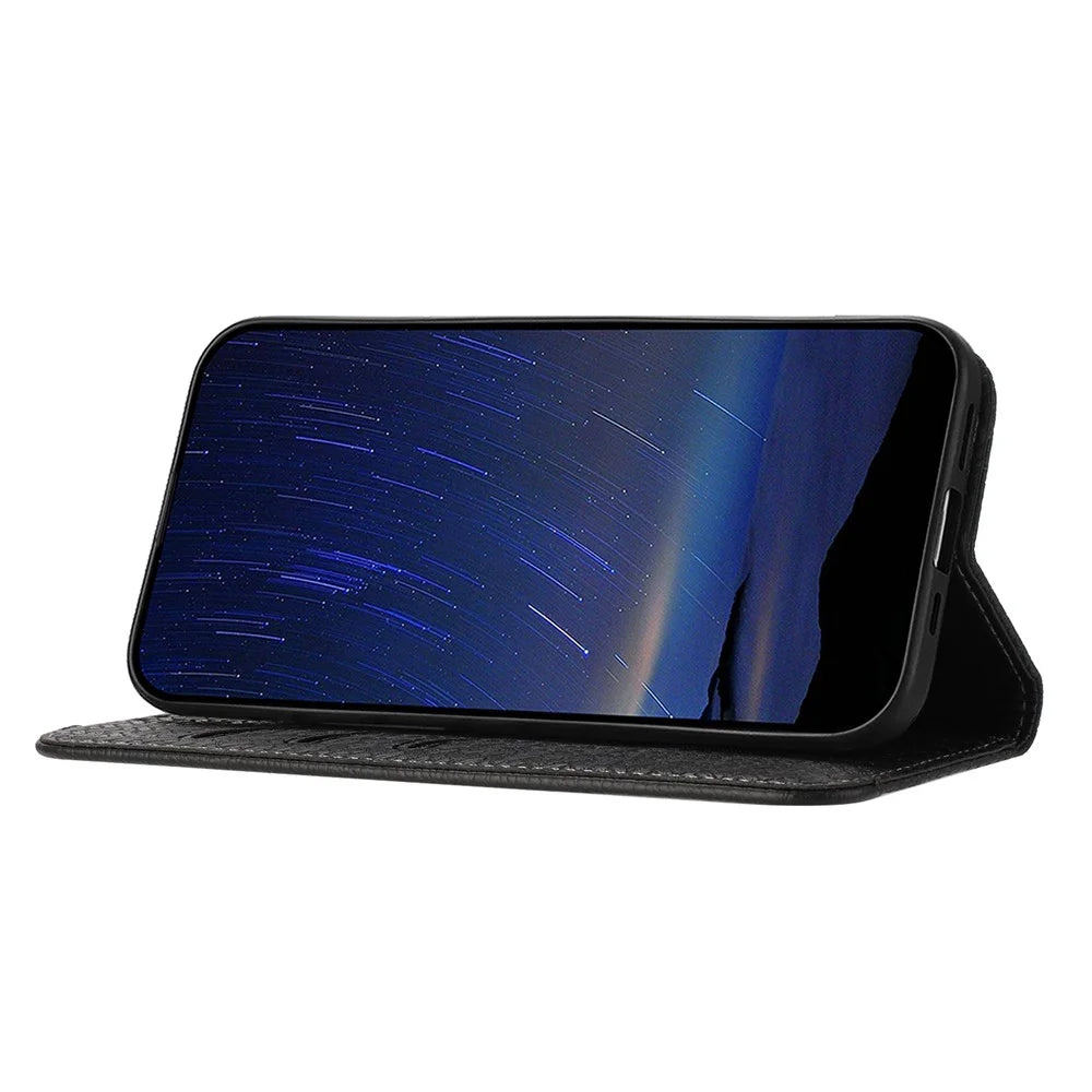 For iPhone 17 Pro Max Case Woven Texture PU Leather Wallet Phone Cover with Wrist Strap - Black - 3