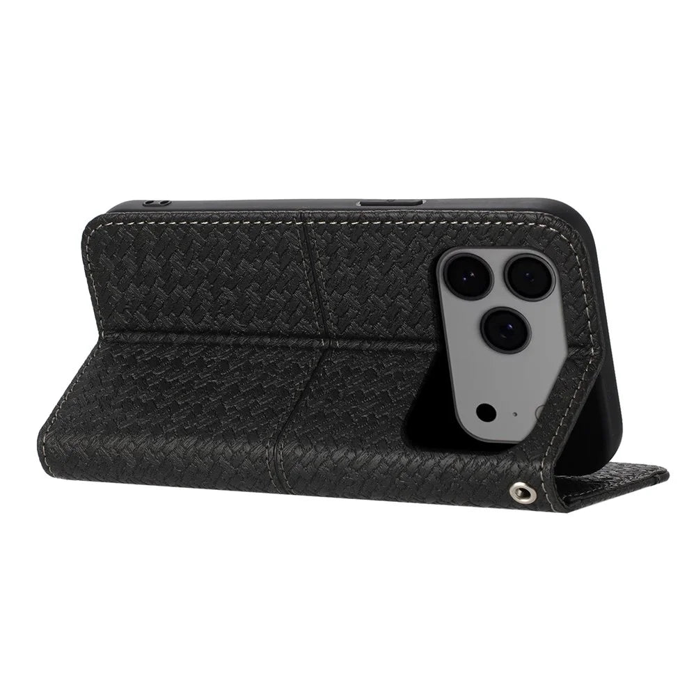For iPhone 17 Pro Max Case Woven Texture PU Leather Wallet Phone Cover with Wrist Strap - Black - 4